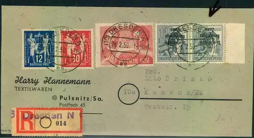 1950, Einschreibenab DRESDEN mit guter MiF - Postgewerkschaft komplett und Paar 12 Pfg.Maschinenaufdruck kopfstehend