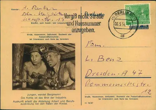 1954, 12 Pfg. DDR Postkarte mit 10 Pfg. Bauten überklebt in Westberlin ab BERLIN SW 11 benutzt. Ansehen