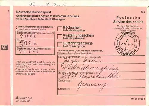 1997, Einschreiben/Rückschein mit MeF (Mi-Nr. 1880) ab Shcwrzenbek nach Schottland