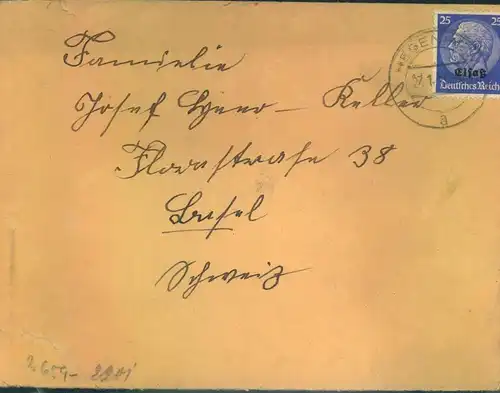 1941, letter from HEGENHEIM with  25 Pfg. "Elsaß" to Basel