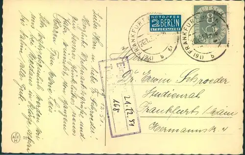 1951, 8 Pfg. Posthorn auf Ortskarte "(16) FRANKFURT (MAIN) 20.12.51"