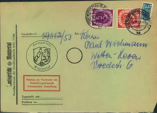 1953, Fernzustellung 80 und 5 Pfg. Posthorn "WUPPERTAL-ELBERFELD"