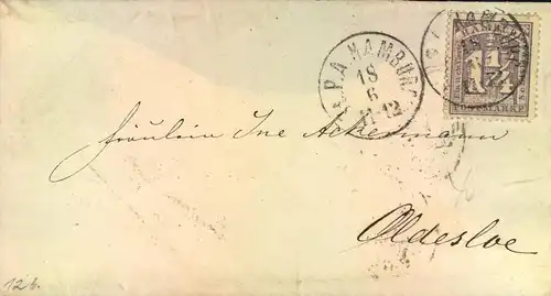 1864, seltener Bahnspoststempel "POST-EXP. BUR. HAMBURG-LÜBECK" rückseitig