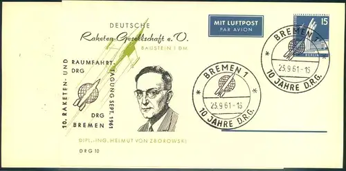 1961, 2 verschiedene 15 Pfg. Priatpostkarten "10 Jahre Deutsche Raketen-Gesellschaft"