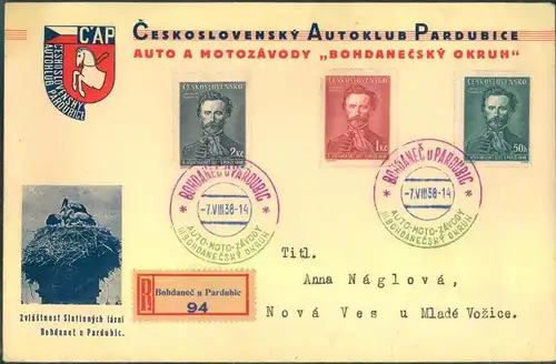 1938, special cover "CESKOSLOVENSKY AUTOKLUB PARDUBICE"