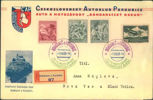 1938, special cover "CESKOSLOVENSKY AUTOKLUB PARDUBICE"