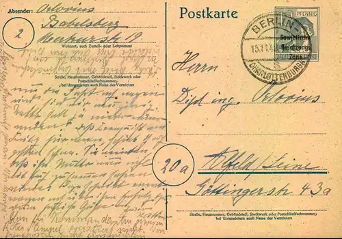 Ganzsachenkarte 12 Pfg. Arbeiter mit Maschinenaufdruck ab BERLIN - CHARLOTTENBURG 4 s 15.11.48 mit viel Text