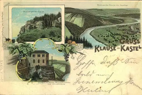 1908, "GRUSS von der KLAUSE zu KASTEL", gelaufen ab FREUDENBURG