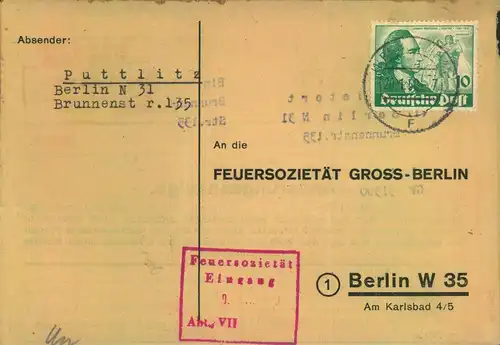 1950, 10 Pfg. Goethe auf Bedarfs-Ortskarte ab "(1) BERLIN 41 F"