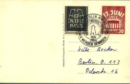 1954, Sonderausgabe "17. Juni 1954" auf Postkarte (Funkturn) mit SSt 1. Mai