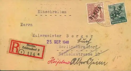 1948, Ortseinschreiben "BERLIN-HERMSDORF 1a 25.9.48" nach Berlin-Buch