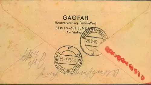 1948, Ortseinschreiben "BERLIN-HERMSDORF 1a 25.9.48" nach Berlin-Buch