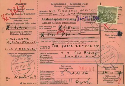 1954, komplette Auslandspostanweisung ab BERLIN SW 11 nch GB