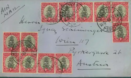 1939, airmail envelope with decorative multiple franking "CAPETOWN" to Vienna