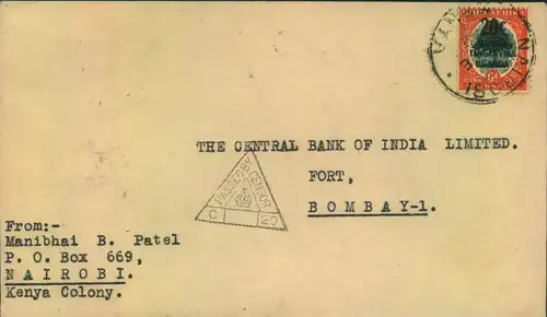 1942, commercial envelope from NAIROBI with "PASSED CENSOR C 20" to Bambay, India