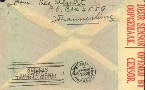 1940, letter from JOHANNESBURG to New York with South African censor