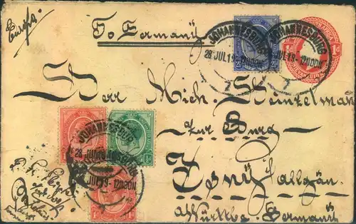 1919, stationery envelope with additional franking from JOHANNESBURG to Isny, Bavaria