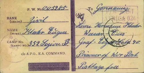 1942, P.O.W. card to Weener, Germany form Camp "352 Legion B" with italian censor