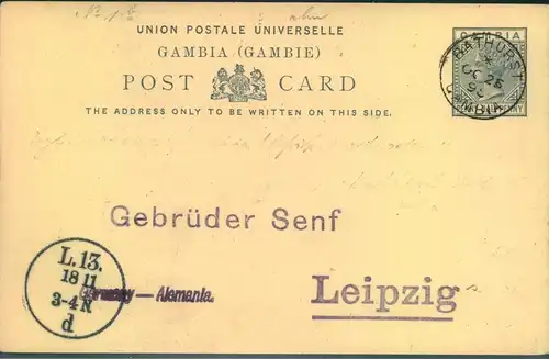 1895, 1 1/2 Penny stationery card addressed to "Gebrüder Senf, Leizpzig" from BATHURST