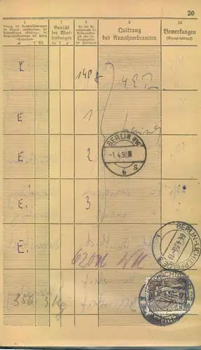 1950, 15 Pfg. Bauten auf Einlieferungsbuch-Seite für ein Paket BERLIN-LICHTENRADE