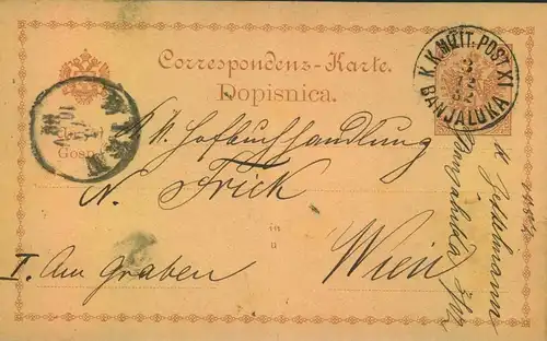 1882, BOSNIEN HERZEGOWINA, Ganzsachenkarte "K.K. MILIT. POST XI-BANJALUKA" nach Wien