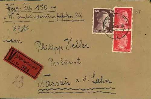 1943, Wertbrief über 150,- RM ab WILHELMSHAVEN