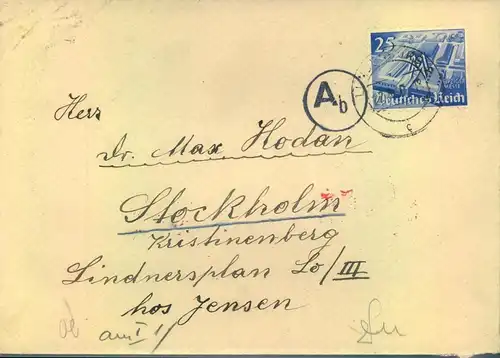 1940, 25 Pfg. Messe auf Brief ab LUNDENBURG (heute Břeclav), Mähren nach Schweden