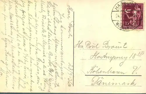 1936, Postkarte ab HARBURG-WILHELMSBURG mit 15 Pfg. Weltkongres nach Dänemark