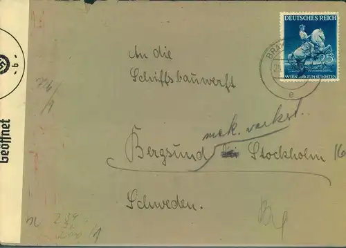 1940, Auslandsbrief mit EF 25 Pfg. Frühjarsmesse ab BRAKE nach Schweden