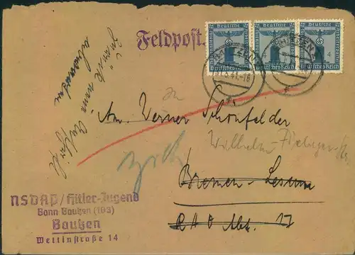 1944, Brief mit 3-mal 4 Pfg. Parteidienstmarke "NSDAP/Hitler Jugend Bann Bautzen"