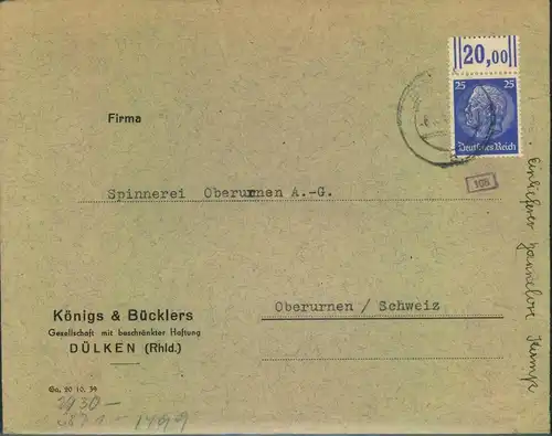 1941, Auslandsbrief ab DÜLKEN. 25 Pfg. Hindenburg Oberrand mit OKW Zensur