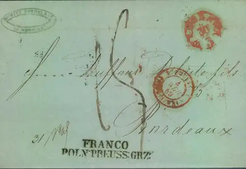 1849, Briefhülle ab WARSCHAU mit Transitstempel "FRANCO POLN. PREUSS: GRZ" nach Bordeaux