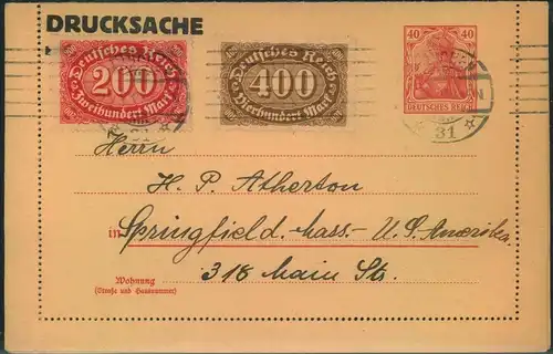 1923, seltener Drucksache-Kartenbrief als Formular ab MÜNCHEN nach USA