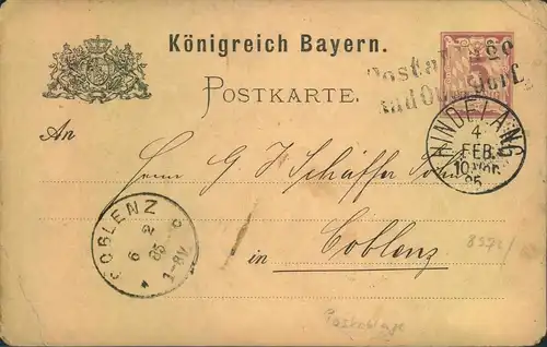 1885, "Postablage Bad Oberdorf" Taxe HINDELANG auf 5 Pfg. Ganzsachenkarte