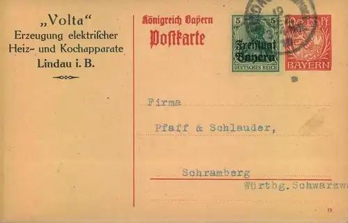 1919, 10 Pfg. GSK mit privatem Zudruck "Volta, Lindau i.B." Zusatzfrankatur