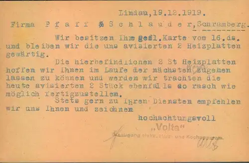 1919, 10 Pfg. GSK mit privatem Zudruck "Volta, Lindau i.B." Zusatzfrankatur