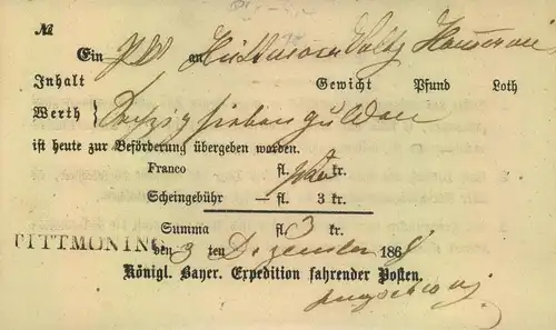 1868, Fahrpostschein für ein Paket ab TITTMONING