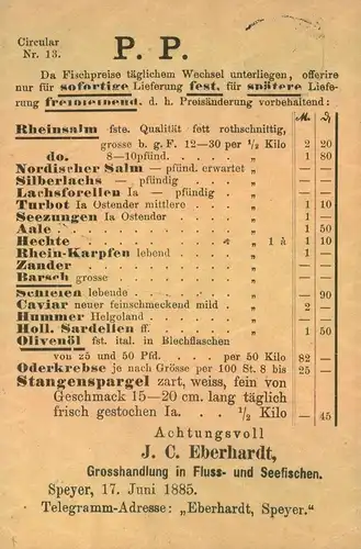 1885, 3 Pfg. Ganzsachenkarte mit Preisliste eines Fischhändlers ab SPEYER