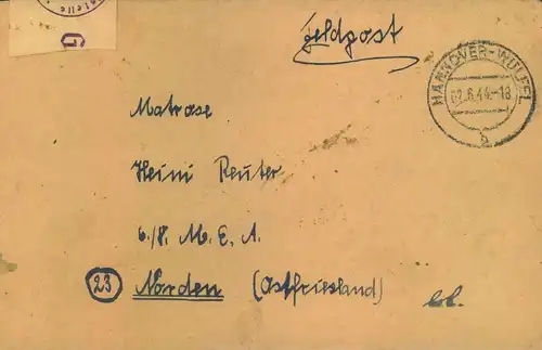 1944, FP-Brief an einen Matrosen in Norden ab HANNOVER-WÜLFEL - "Feldpostprüfstelle"