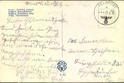 1939, BÖHMEN UND MÄHREN", Karte mit FP-Normstempel "b --- 27.3.39"