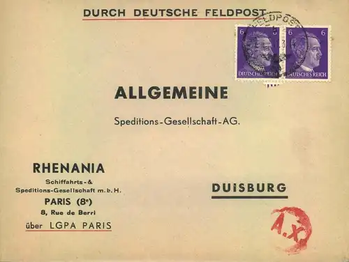 1944, Vordruckbrief "RHENANIA, Paris" frankiert nach Duisburg. Zensur Durchlaufstempel "A.x.", Paris