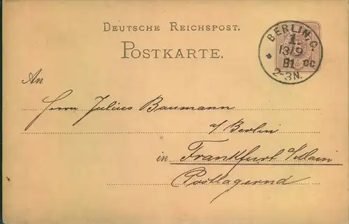 1881, "BERLIN C. 1 * cc 13/9" auf 5 Pfg. Ganzsachenkarte - KBHW 201 (100 P.)