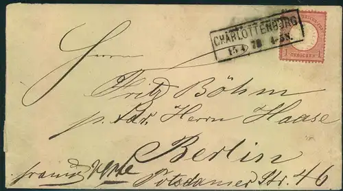 1873, 1 Groschen großer Brustschild auf Ortsbrief CHARLOTTENBURG nach Berlin