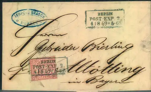 1869, "BERLIN POST-EXP. 2", schwarzer Ra3 aus der blauem Periode auf NDP-Brief nach Altötting