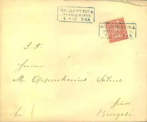 1868, "BERLIN POST EXP. 4 STETTIN. BAHNH." in blau auf Ortsbrief 1 Gr. NDP