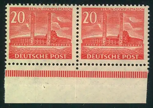 1953, Freimarken-Ergänzungswert 20 Pfg. Olympiastadion postfrisch waagerechtes Paar (Michel 200,-)