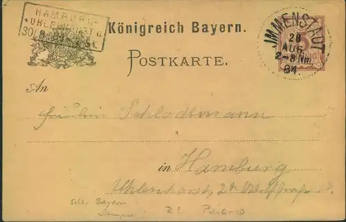 1884, Ganzsachenkarte von IMMENSTADT nach HAMBURG UHLENHORST