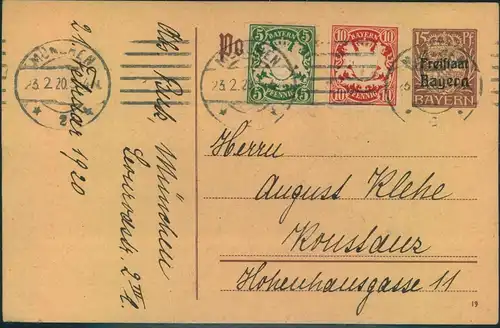 1920, 5 und 10 Pfg. Wappen spät auf 15 Pfg. GSK "Freistaat" ab MÜNCHEN