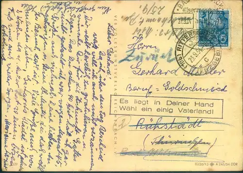 1954, Retourkarte mit Losungsstempel "Es liegt in Deiner Hand(Wähl ein einig Vaterland"