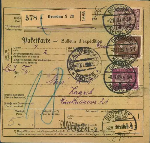 1929, Paketkarte ab DRESDEN über Budapest nach Zagreb.